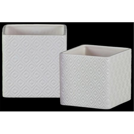 URBAN TRENDS COLLECTION Ceramic Square Pot with Embossed Diamond Design Body White Set of 2 37315